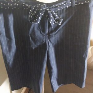 Charter Club Navy Pinstripe, Petite, Lined, Shorts with Polka Dot Scarf Belt